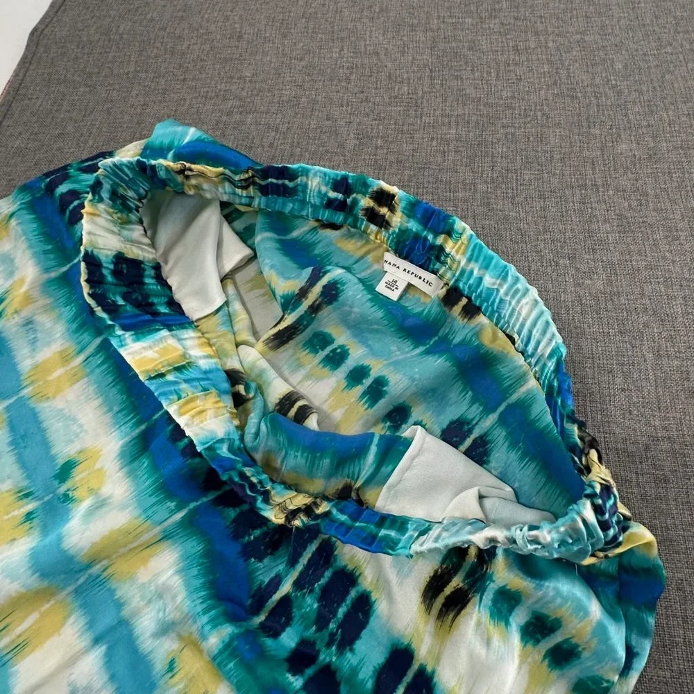Banana Republic Silk Skirt Pullover Elastic Waist Sz 14 Yellow Blue White Pocket